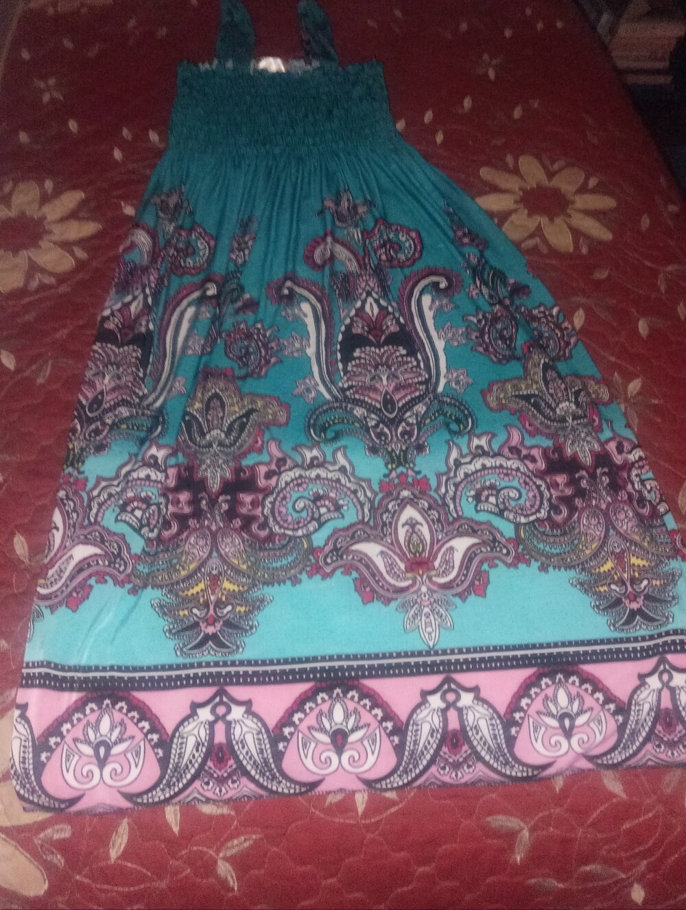 Sleeveless Teal and Pink Paisley Maxi Dress